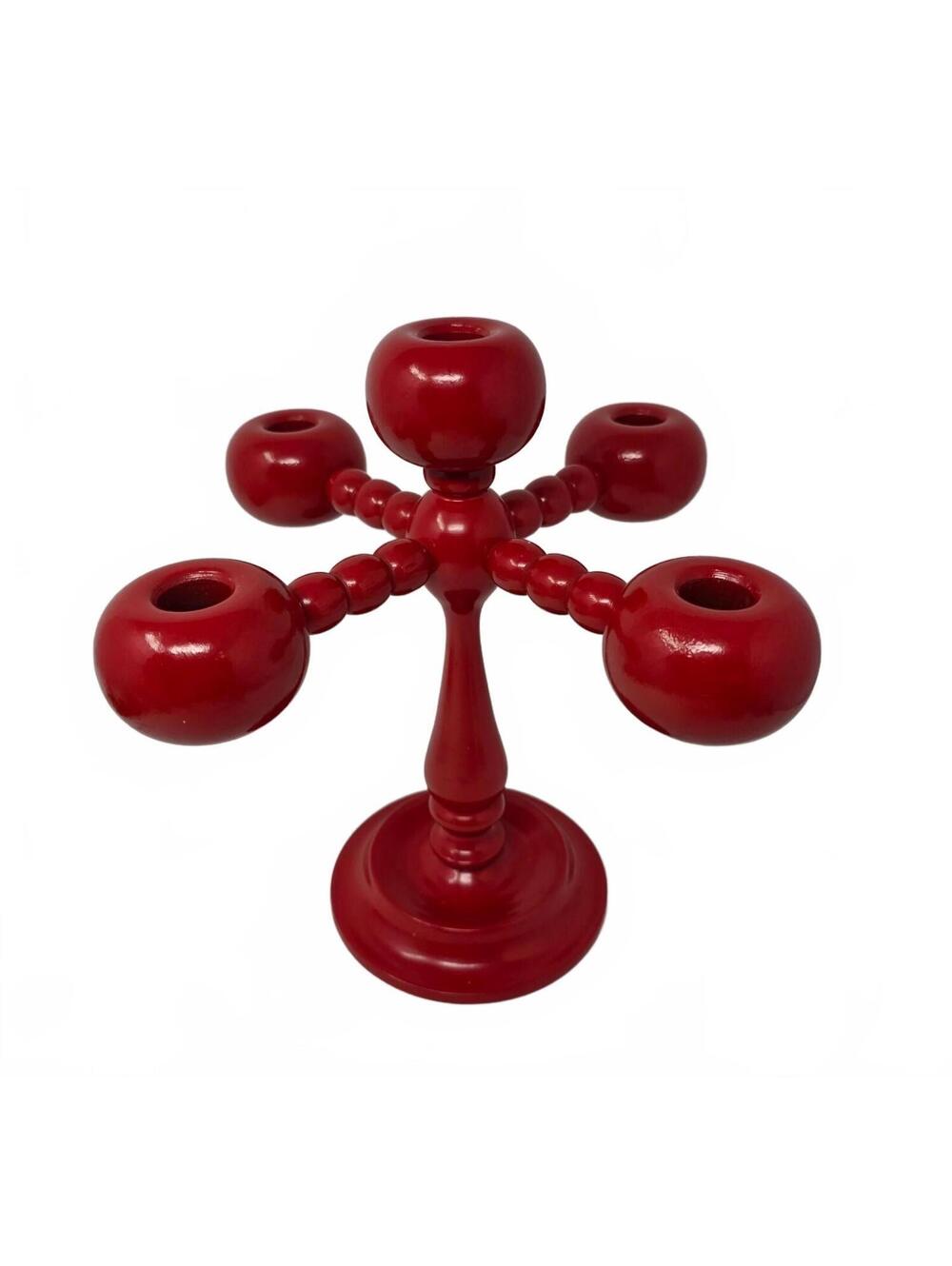 Vintage Swedish Kulljusstake Red Wood Bobbin 5-Light Candle Holder